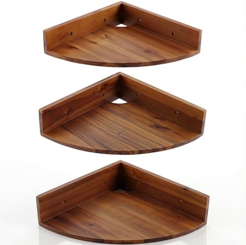 Demigo Corner Shelf Wall Mount Set of 3, Solid Acacia Wood Round Floating Corner Shelves for Storage and Display, Hangin