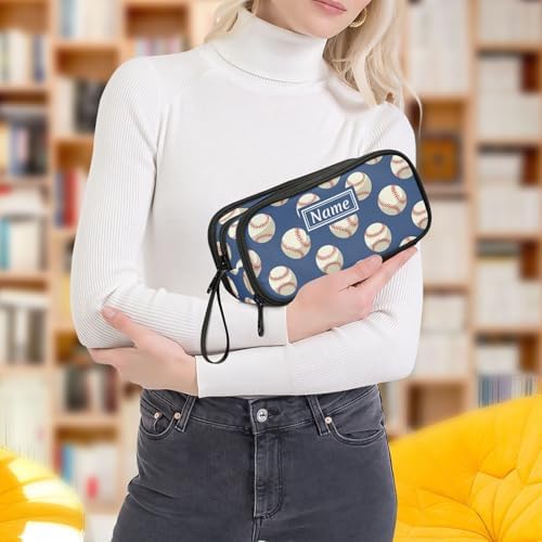 Custom Baseballs Ball Blue Pencil Case Box Boys Girls Personalized Name Large Pencil Pouch Stationery Pen Bag Organizer for Kids Adults School Office