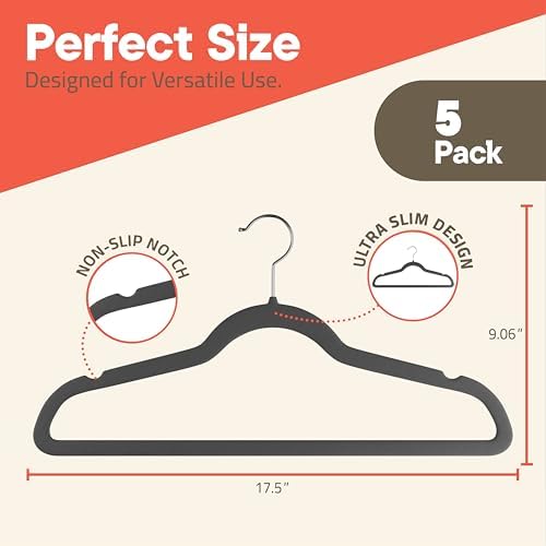 Gray Velvet Hangers 5 Pack – 360° Swivel Hook, Non-Slip and Space Saving Hangers, Heavy-Duty 11 lbs Weight Capacity - Smooth Velvet Finish for Crease-Free Clothes and Effortless Closet Organization