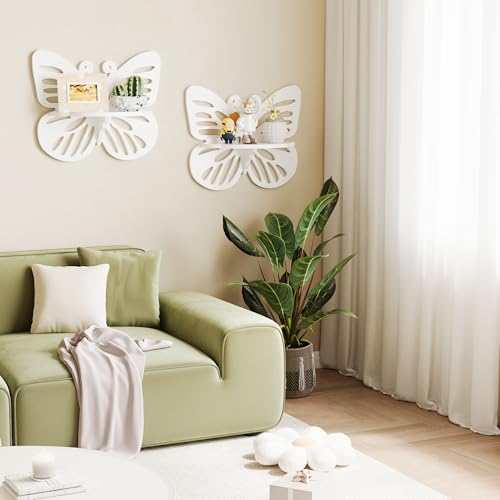 White Butterfly Shelves 2 Tier - Nursery Wall Deor Floating Shelf, Cute Wall Display Rack for Kid’s Room, Small Decorati
