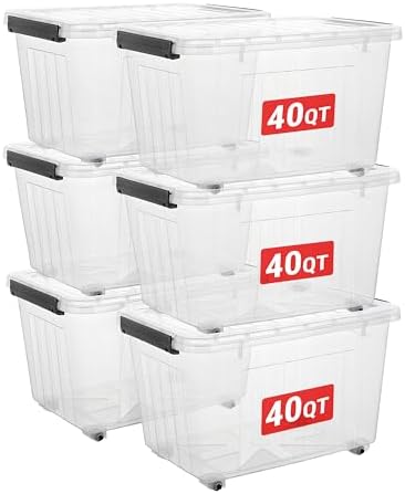 Cetomo Plastic Storage Bins, Lidded Storage Box with Wheels for Home Office Dorm, Wheeled, Stackable, Clear, 40Quart-6 P