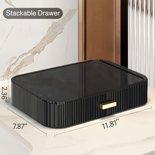 2 Pack Stackable Makeup Organizer with Drawers, Bathroom Storage for Eyeshadow Palettes, Cosmetics, and Beauty Supplies.
