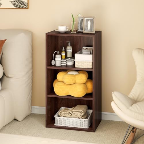 GOFLAME 3 Tier Small Open Bookshelf, Short Bookcase with 2 Adjustable Shelves, Multifunctional Storage Cabinet, Modern D