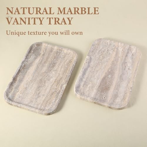 Karibiber Marble Vanity Trays, Travertine Bathroom Tray, Decorative Tray for Dresser Countertop, Grey Stone Serving Hold