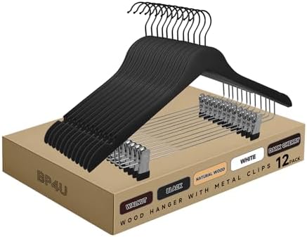 Wooden Hangers with Adjustable Metal Clips, 12-Pack, Black