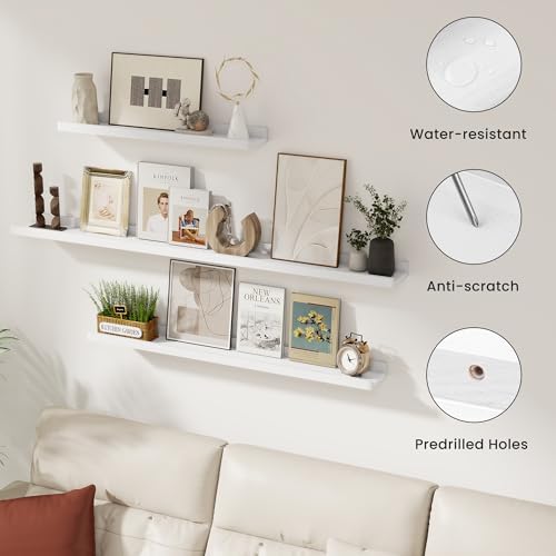 Acovy Solid Ash Wood Picture Ledge Shelf, Floating Shelves Set of 2, 56 Inch Long Large Ledge Shelves, Nursery Book Shelves Wall Mounted for Living Room Bedroom Kitchen Decor Kids Bookshelf, White