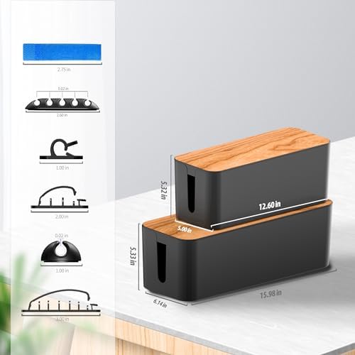 Cable Management Box 2 Pack with 16 Cable Clips Set-Large & Medium & Small Wooden Style Cable Organizer Box to Hide Wire