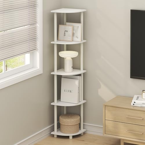 Furinno Turn-N-Tube Corner Shelf, 5-Tier Corner Bookshelf, Open Storage Shelves, for Organization and Storage, Living Ro