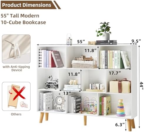 LEYAOYAO 10 Cube Bookshelf, Mid-Century Modern Book Shelf with Legs, White