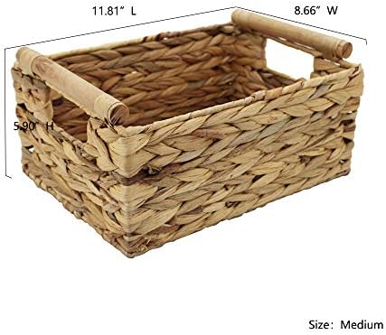 Natural Woven Water Hyacinth Storage Basket with Wood Handles, Medium