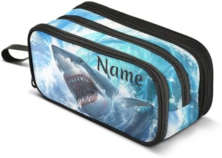 Custom Shark Blue Ocean Wave Pencil Case Box Boys Girls Personalized Name Large Pencil Pouch Stationery Pen Bag Organizer for Kids Adults School Office