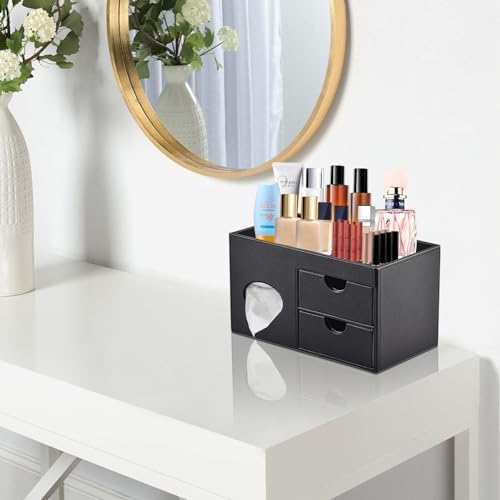 Square Tissue Box Cover with Drawers,Tissue Box Holder with Storage Tray,​ Makeup Organizer and Desk Organizer,Tissue Ho