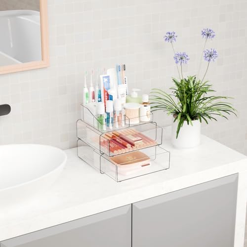 Yieach Clear Acrylic Makeup Organizers Countertop for Dresser,Desk,Bathroom Vanity,3 Tier Stackable Make up Holders and 