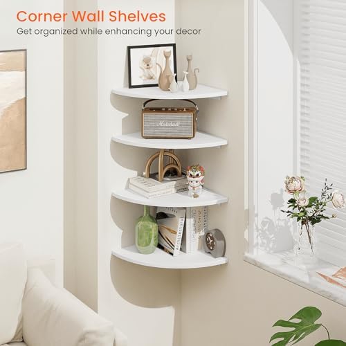 Homode Corner Floating Shelves, Set of 4 Round Corner Shelf Wall Mount with Cord Hole, 12 Inch Wood Curved Corner Hangin