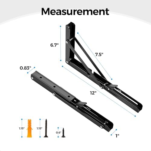Matte Black Folding Shelf Brackets, 12 Inch, 2 Pack