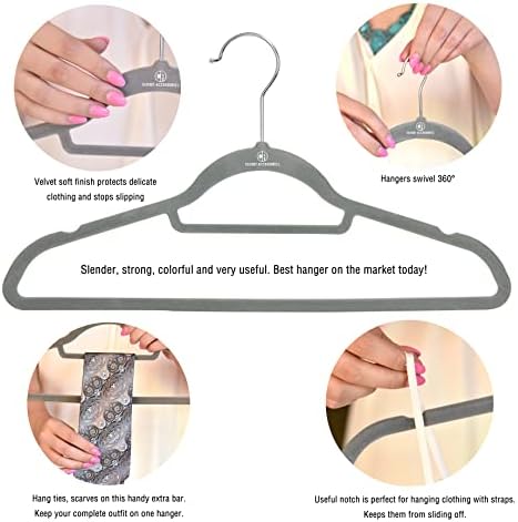 50 Pack Velvet Hangers Study Heavy Duty Hangers Including Tie Bar, Notches, and 360° Chrome Hook. (Gray)