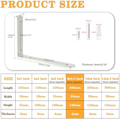 Alise Brushed Shelf Brackets,L Brackets for Shelves,8x5-3/5 Inch,4 Pcs
