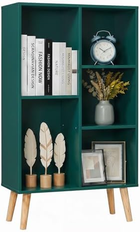 YAHARBO Small Dark Green Bookshelf,3 Tier Modern Kids Bookcase with Legs,5 Cube Wooden Bookshelves Storage Shelf,Book Sh
