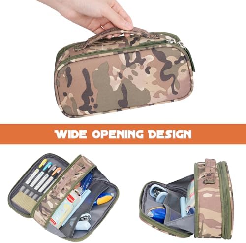 ECHSRT Large Tactical Pencil Case, 3-Compartment Zipper Pouch, Camo Green