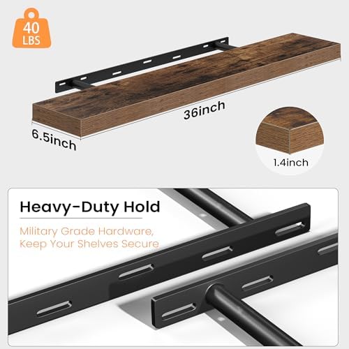 36 Inch Floating Shelves for Wall, Wood Wall Mounted Deep Storage Shelves with Invisible Brackets, Large Decorative Disp