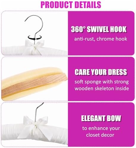 Amber Home 5 Pack Large Ivory Satin Padded Hangers for Women Clothing 17"