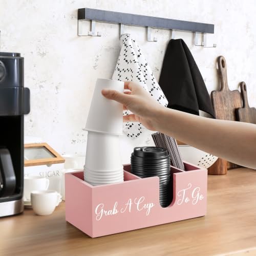 ALELION Pink Coffee Cup Organizer for Disposable Cups, Lids and Stir Sticks - 3-Compartment Countertop Cup Holder Storag