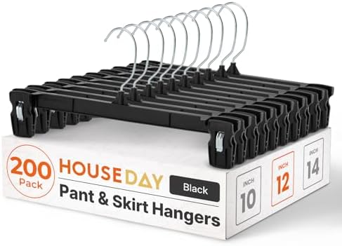 HOUSE DAY Black Pants Hangers with Clips 200 Pack, 12 Inch Skirt Hangers