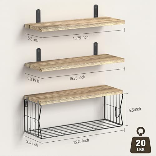 Floating Bathroom Shelves Wall Mounted - Wooden Shelf Set of 3 for Over Toilet Storage & Farmhouse Bathroom Decor - Perf