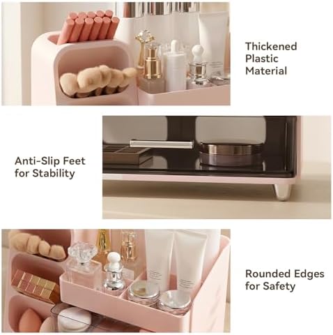 Makeup Organizer for Vanity with Brush Holder and 2 Drawers, Pink