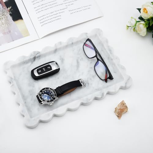 Scalloped Natural Marble Tray - Decorative Stone Tray for Bathroom & Vanity