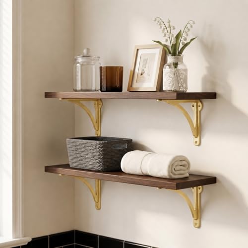 khtumeware 100% Solid Brass Decorative Shelf Brackets, 10-inch Wall-Mounted Shelving Brackets, 2-Pack Antique Gold Vinta