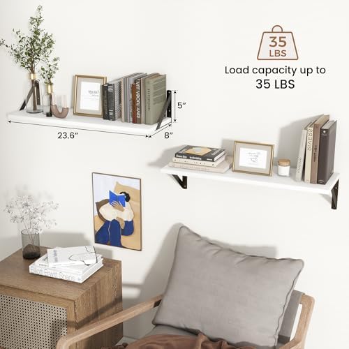 Axeman 24 Inch Floating Shelves, 8 Inch Deep White Wall Shelves Set of 2