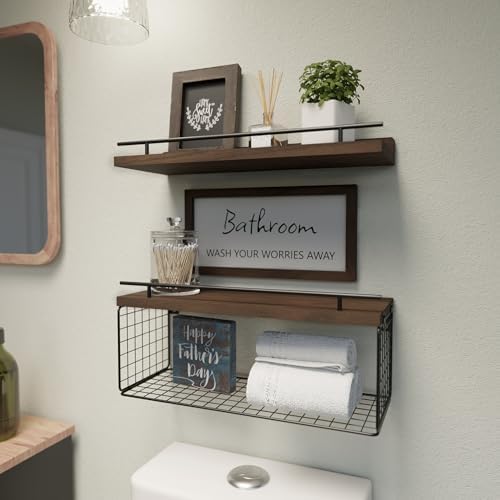 WOPITUES Floating Shelves for Bathroom Decor Art, Rustic Brown