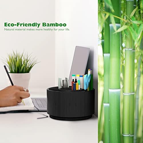Bamboo Rotating Pencil Holder for Desk, Desk Organizer with 7 Compartments