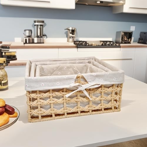 GIB Small Wicker Woven Storage Baskets for Organizng with Liners, Set of 3