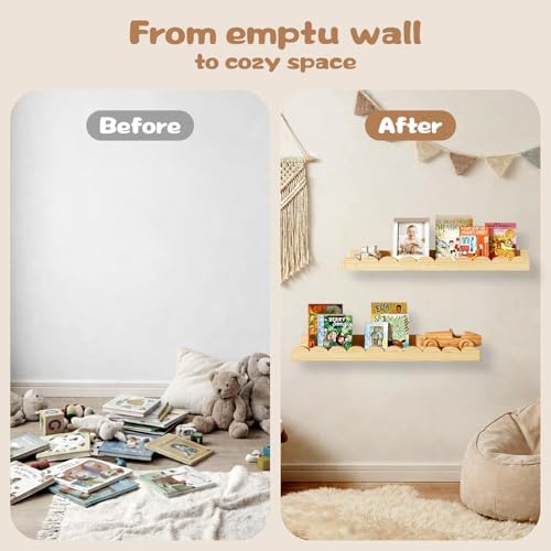 Nursery Floating Shelves for Kids Room, 2 Pack 23.6 Inch Natural Wood Wall Shelves with Scalloped Edge, Kids Bookshelves