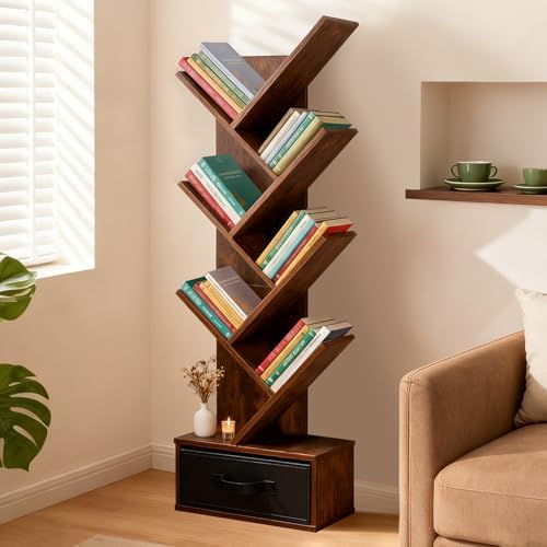 DUMOS 7 Tier Tree Bookshelf, Small Bookcase with Storage Cabinet