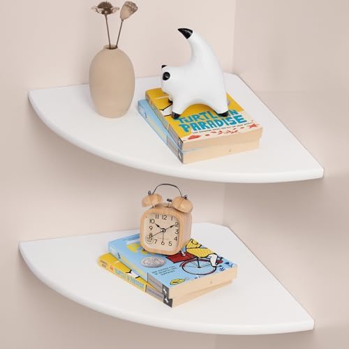 Gieanoo Floating Corner Shelves Set 2 16inch White Solid Oak Rounded Corner Shelves Wall Mounted with Cable Hole Wood Co