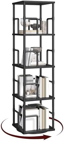MAHANCRIS 4-Tier Rotating Bookshelf, Freestanding Corner Bookshelf, 360° Spinning Bookcase, Industrial Style Storage Rac