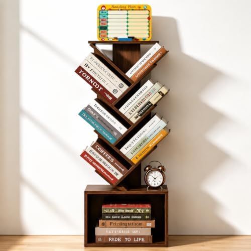 7-Tier Tree Bookshelf with Reading Planner & Activity Panel, Small Bookcase