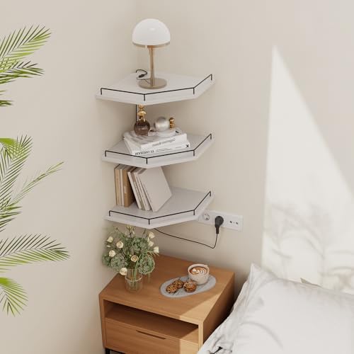 JJL Corner Shelf Wall Mounted, 12 Inches 3-Tier Floating Corner Shelf with Rails, Hexagon Rustic Wood Decor, White Wall 