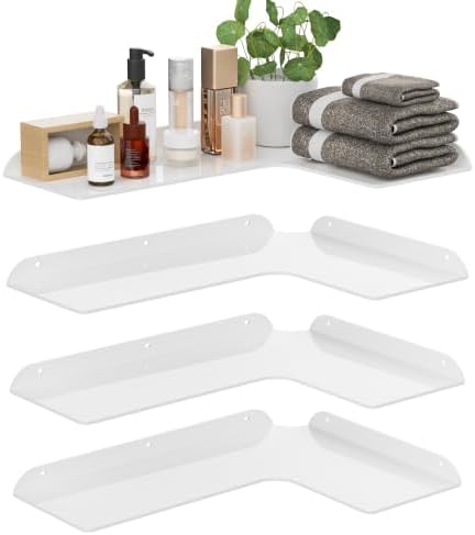 Sezanrpt 11.4x16 Inch Acrylic Corner Floating Shelf Set of 4, White Corner Wall Shelf for Home Décor, Speakers, Security