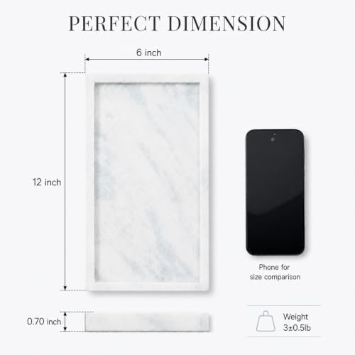 Koville 12" x 6" White Marble Vanity Tray for Home, Marble Bathroom Tray