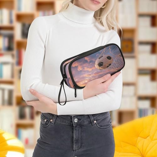 Football Large Pencil Case, Soccer Ball Capacity Pencil Pouch 3 Compartments,Zipper Pencil Box, Back to School Supplies for Teen Girls Boy Student College Adults,Travel Essentials Blue Sky