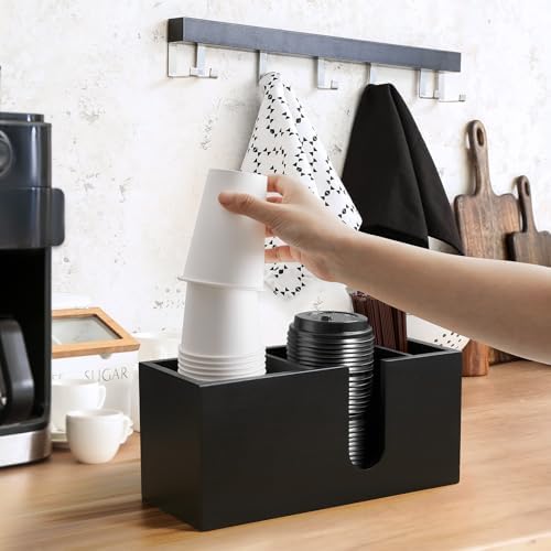 ALELION Large Black Coffee Cup Organizer for Disposable Cups, Lids and Stir Sticks - 3-Compartment Countertop Cup Holder