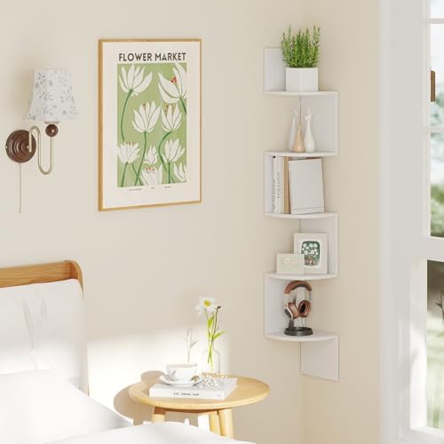 GIANTEX Corner Shelf Wall Mounted, 5-Tier Floating Corner Bookshelf, Home Storage Organizer, Wooden Display Stand Rack f