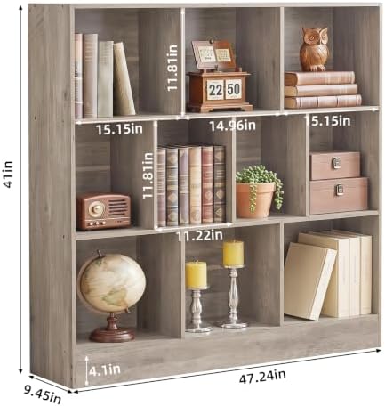 YAHARBO 3 Tier 10 Cube Long Horizontal Bookshelf, Under Window Shelf,Grey
