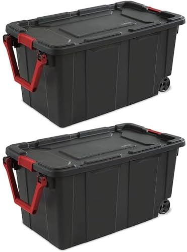 160 Quart Wheeled Stacker Tote, Extra Large Durable Clear Bin, Latch Lid and Pull Handle, 2 Count (Black)