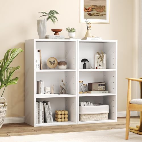 GOFLAME 3 Tier Small Open Bookshelf Set of 2, Short Bookcase with 2 Adjustable Shelves, Multifunctional Storage Cabinet,