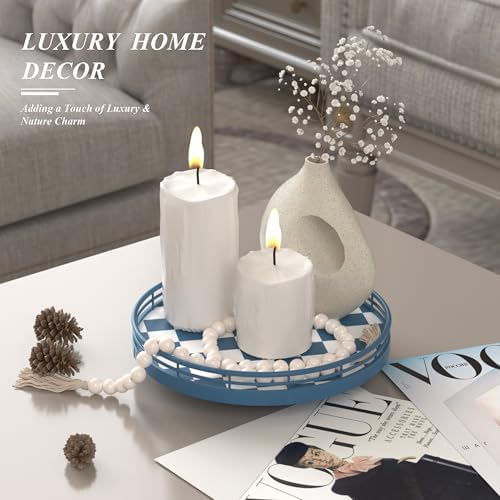 Blue and White Checkerboard Lazy Susan with Rubberwood Base and Metal Rail